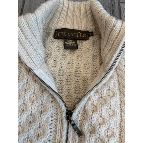 Inis Crafts Fishermens Sweater Womens Medium Cream Cable Knit Merino Wool Zip - Picture 8 of 9